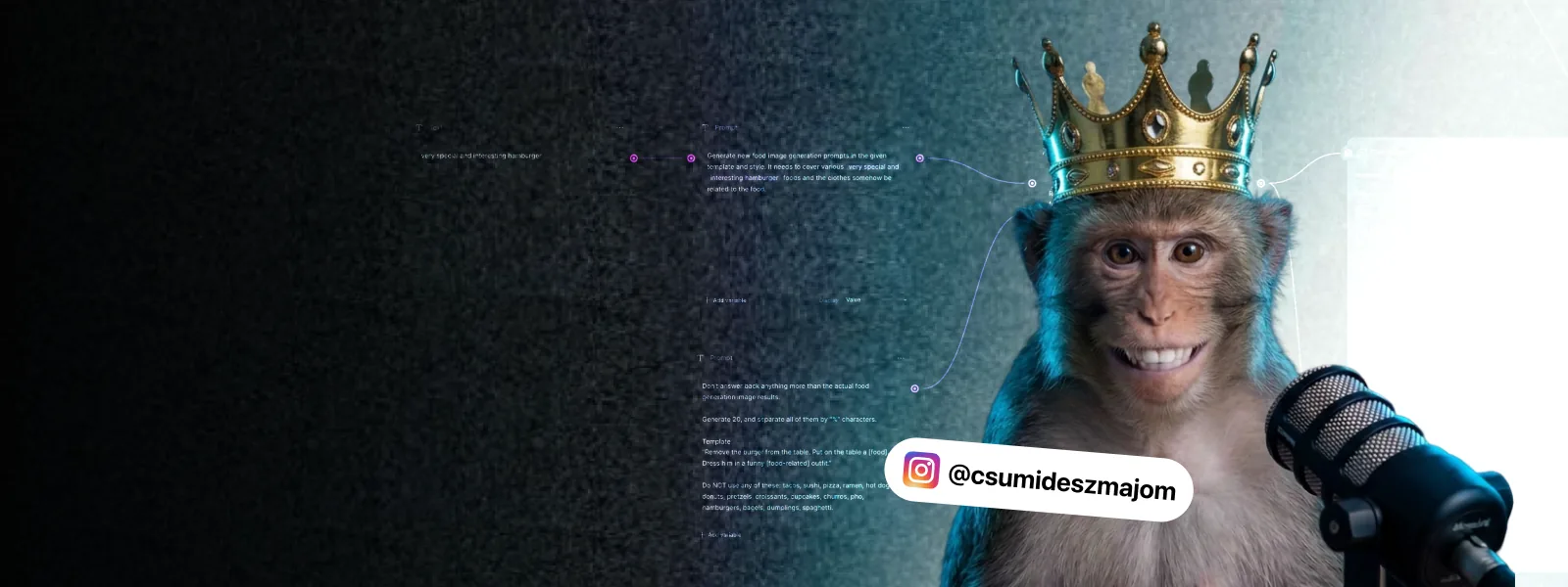 AI generated monkey wearing a crown at a podcast microphone, made for an Instagram account