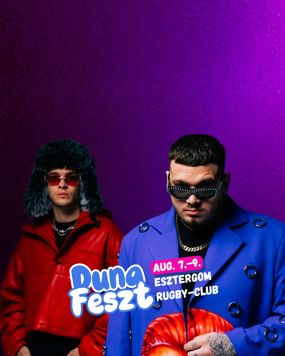 Duna Feszt festival poster with two performers and the event dates in Esztergom