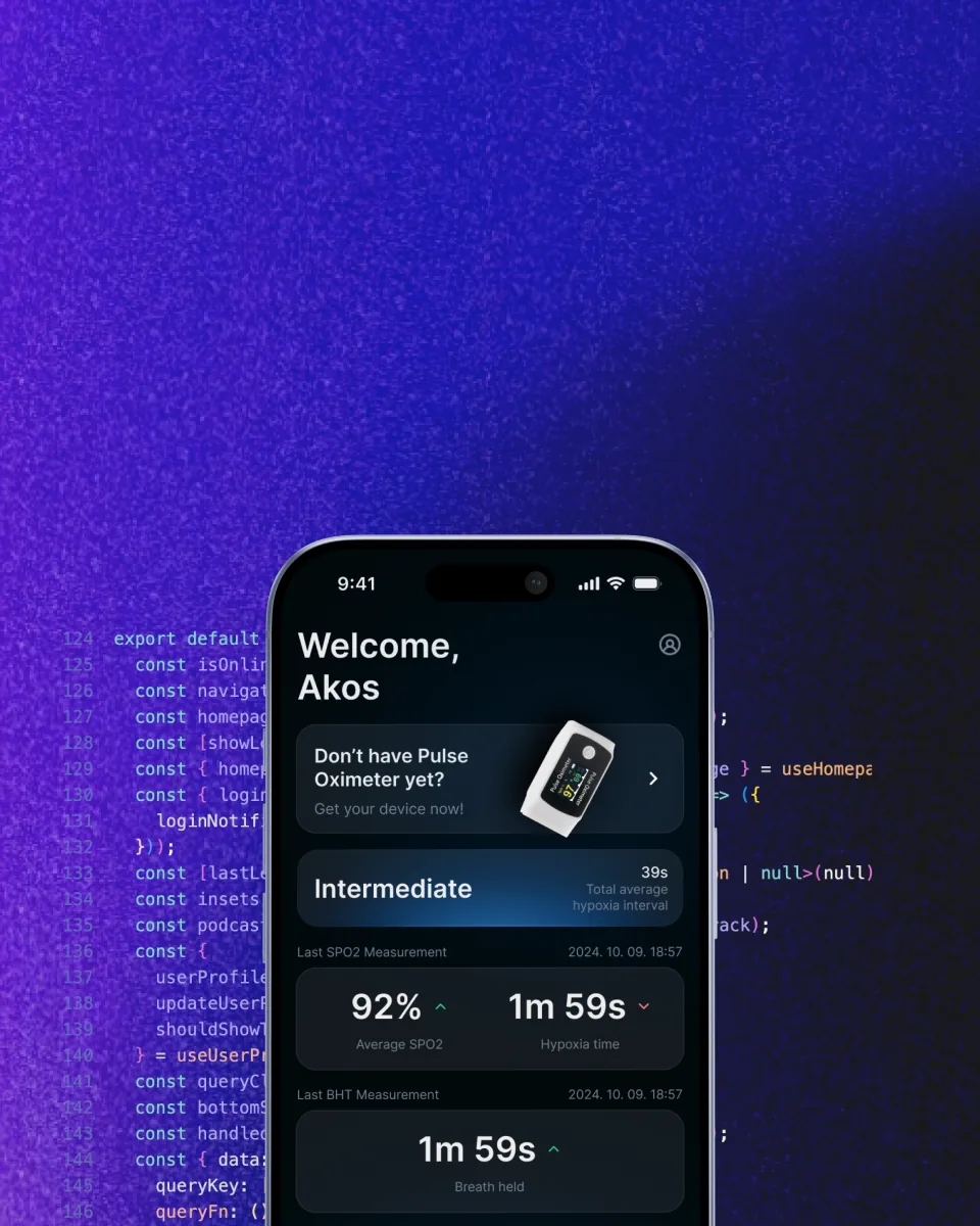Phone showing a breath training app with SpO2 and hypoxia stats over source code