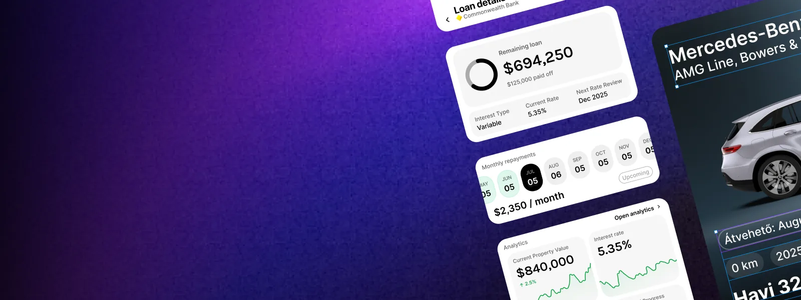 Mobile app screens for a loan tracker and a car leasing offer on a purple background